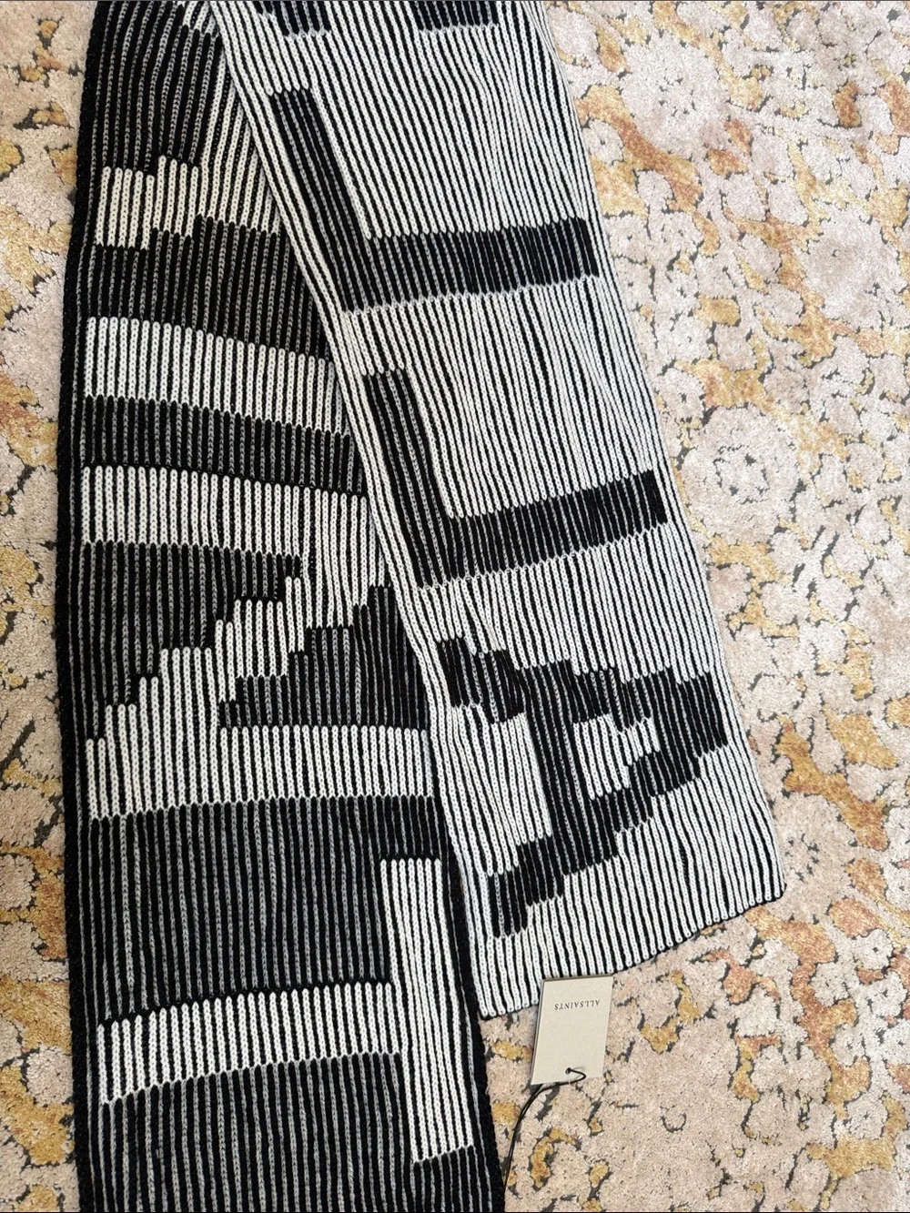 AllSaints Black White Underground Plaited Scarf Knit Logo